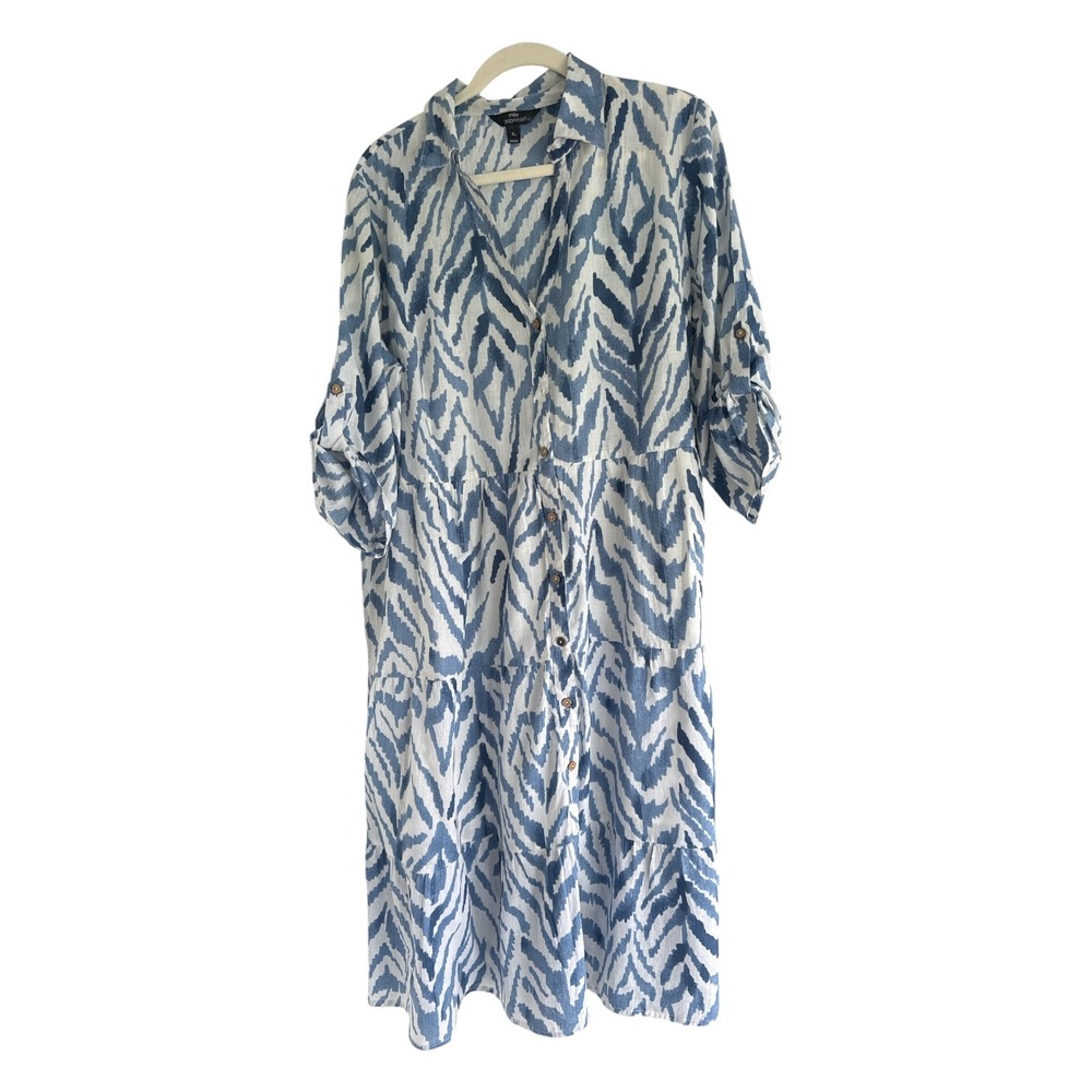Mlle Gabrielle Tiered Maxi Shirt Dress XL Blue Zebra Print Coastal Boho Resort - Picture 2 of 9